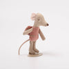 Stuffed Maileg mouse toy with a pink vest on a white background